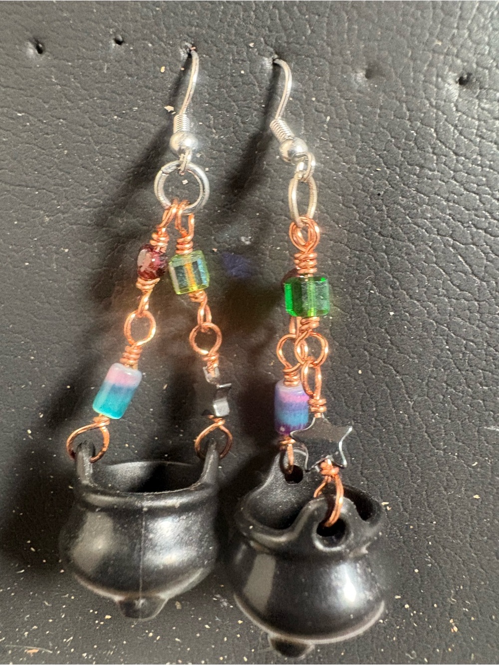 Handmade Black Cauldron Drop Earrings with Multicolor Beads